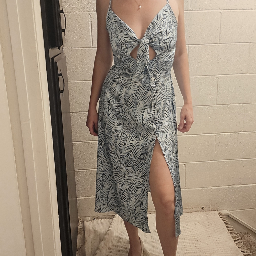Blue and White Tie Front Slit Midi Sundress